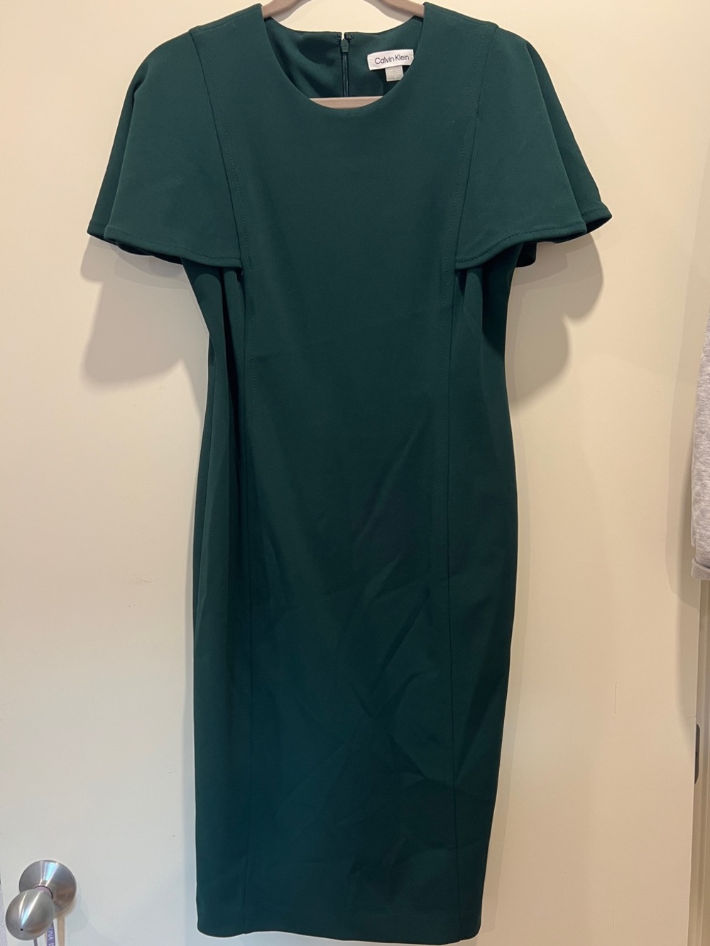Calvin Klein Deep Green Midi Sheath Dress with Cape Sleeves